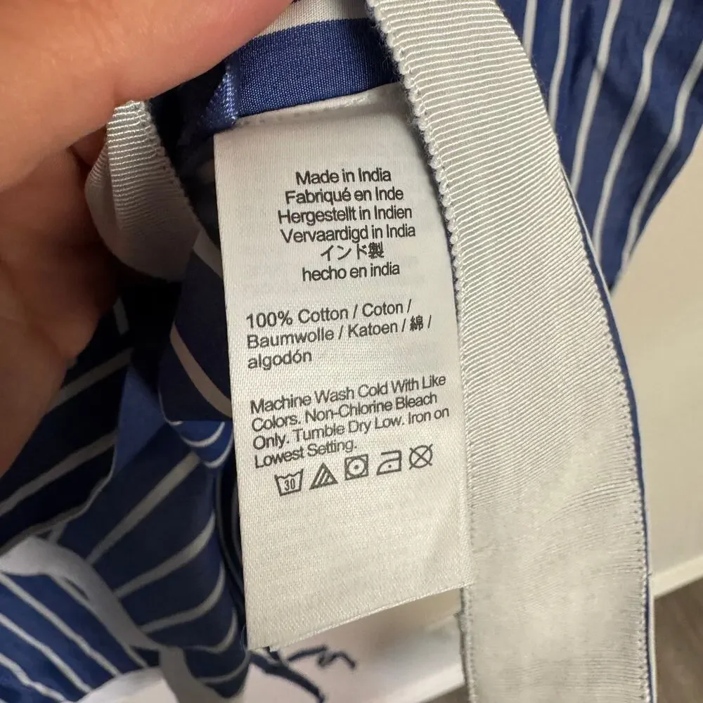 J.Crew Ciel Top WMNS XS Deep Sea Stripe Poplin Waist Tie Side Button Long Sleeve